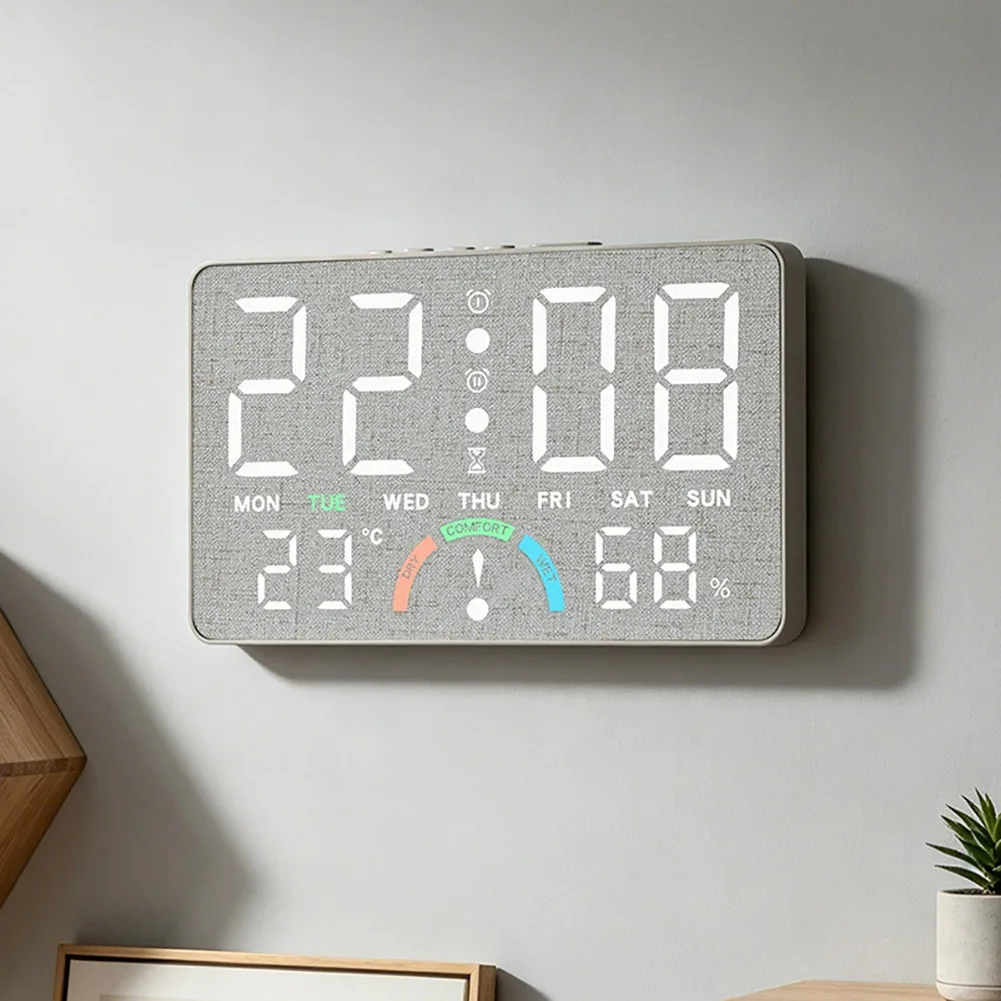 LED Electronic Clock with Temperature Humidity Indicator Large Screen Wall or Table Mount Dual Alarm Function 10x16x3.3cm