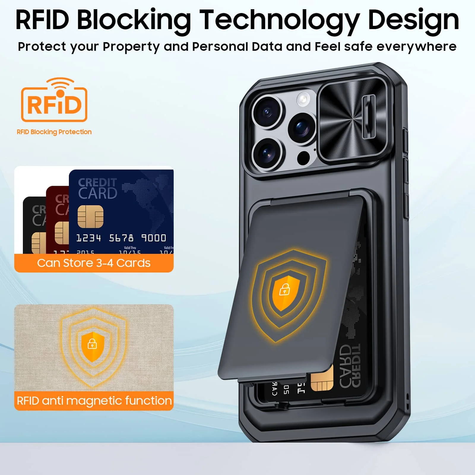 WEFOR dla iPhone 18 17 16 15 Pro Max Etui Portfel na 3-4 Karty z Podstawką, Przesuwaną Osłoną Kamery, Paskiem na Nadgarstek, Wytrzymałe i Odporne na Wstrząsy — zdjęcie produktu 6