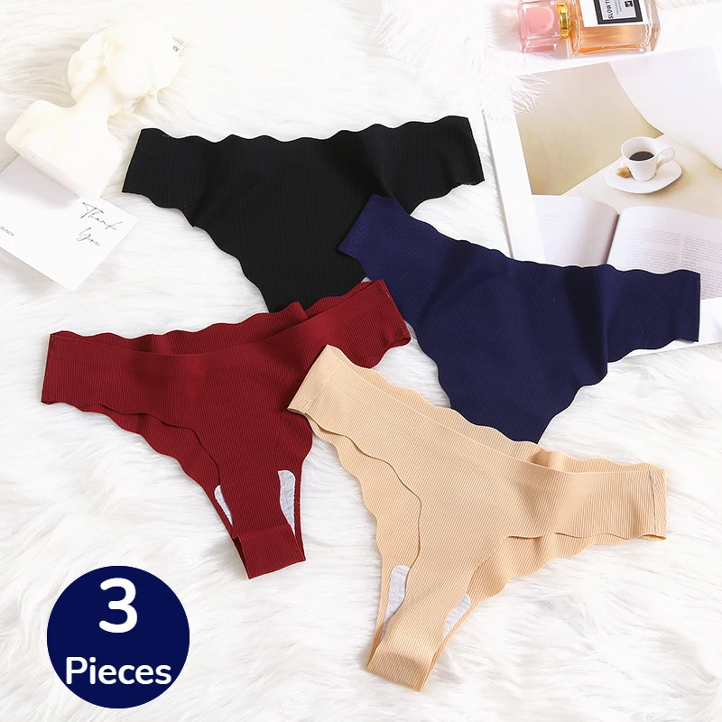 BZEL 3PCS Women's Panties Set Silk Satin Seamless Thongs Fashion Striped Underwear Cozy Sexy Lingerie Sports Wavy Edge G-Strings