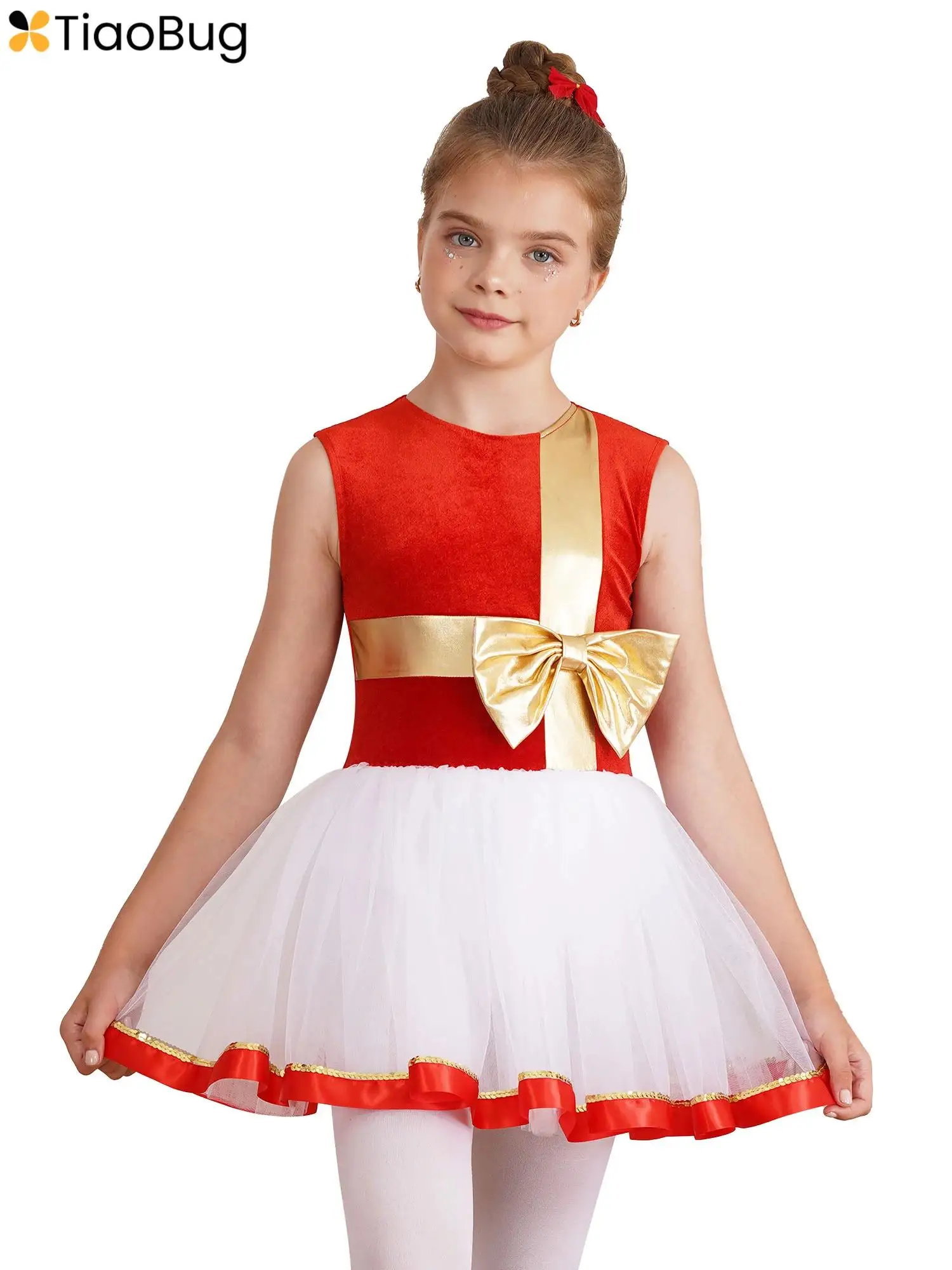 Kids Girls Christmas Dance Dress Santa Claus Costume Velvet Sleeveless Ballet Tutu Dress Leotard Figure Ice Skating Dress