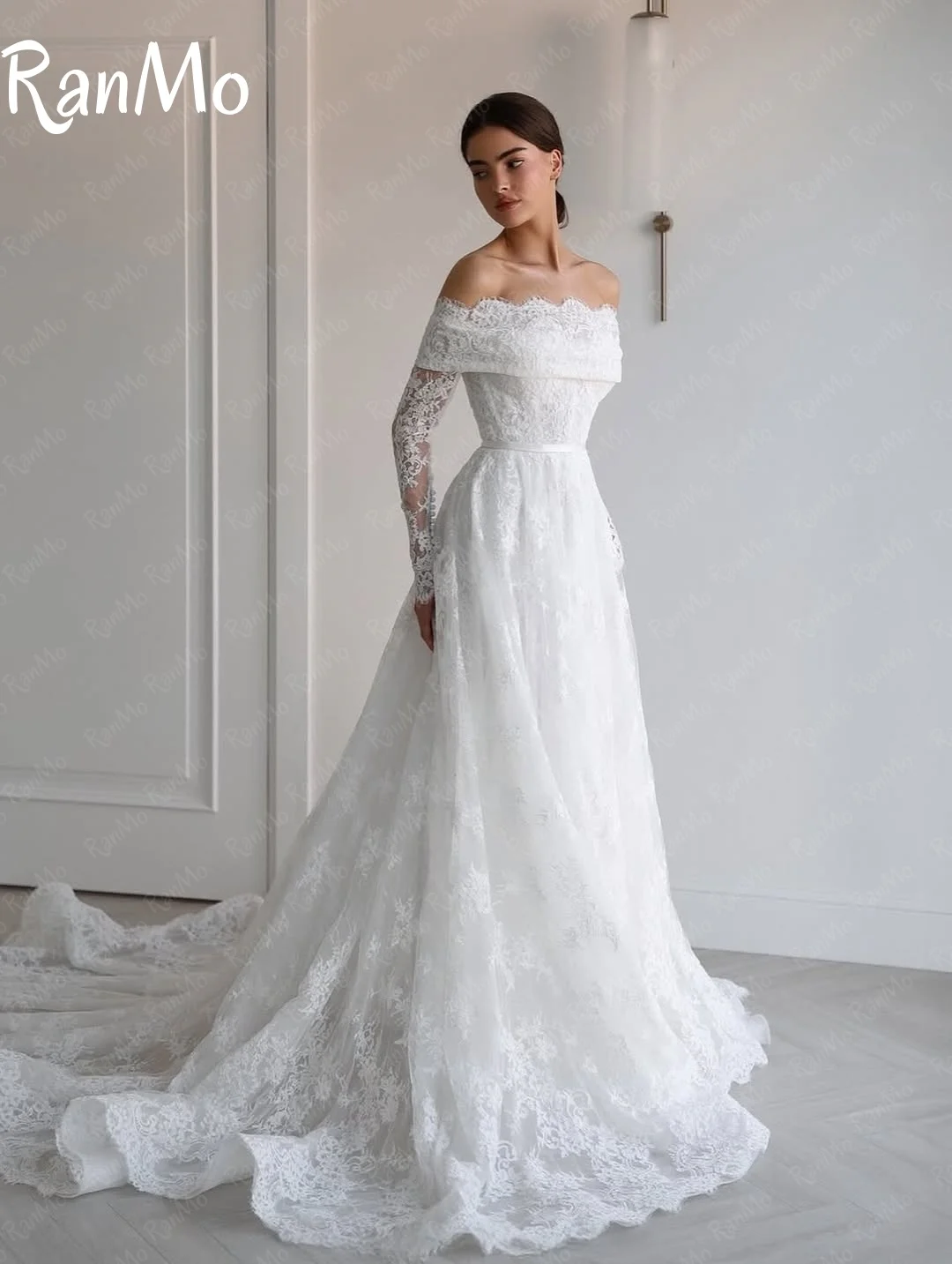 Ranmo Exquisite A-line Wedding Dress luxury Off Shoulder Bridal Gown Lace Long Sleeve Customized Vestidos De Novia Sweep Train