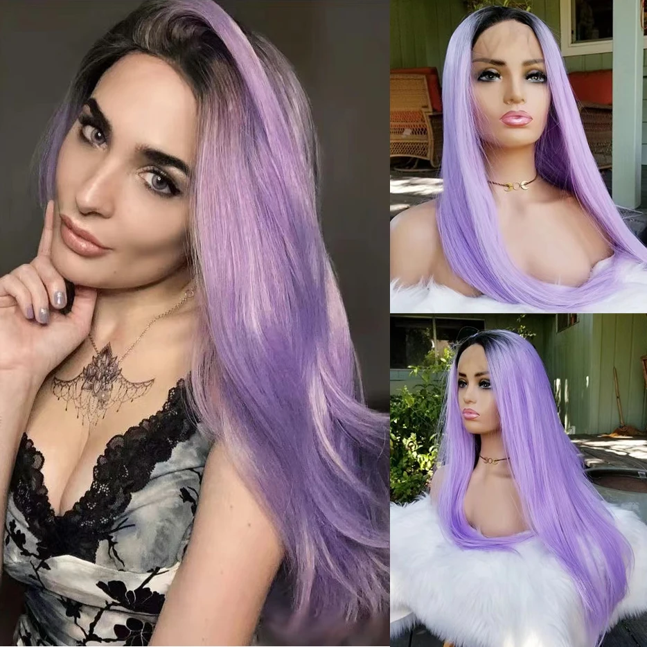 AIMEYA Ombre Purple Long Straight Wigs Dark Roots Synthetic Lace Front Wig  Heat Resistant Fiber Hair Natural Hairline