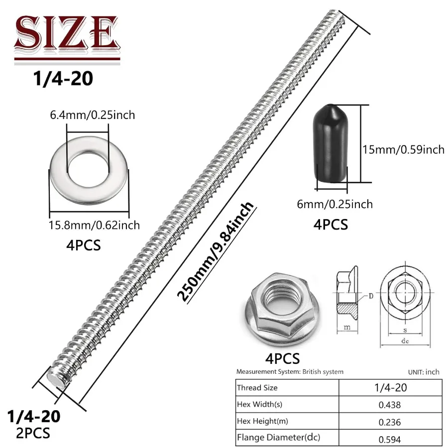 2 قطعة 1 420 قضيب ملولب بالكامل 12 "304 برغي طويل من الفولاذ المقاوم للصدأ مع صواميل قفل وغسالة مسطحة وأغطية نهاية مطاطية لـ Ah #2