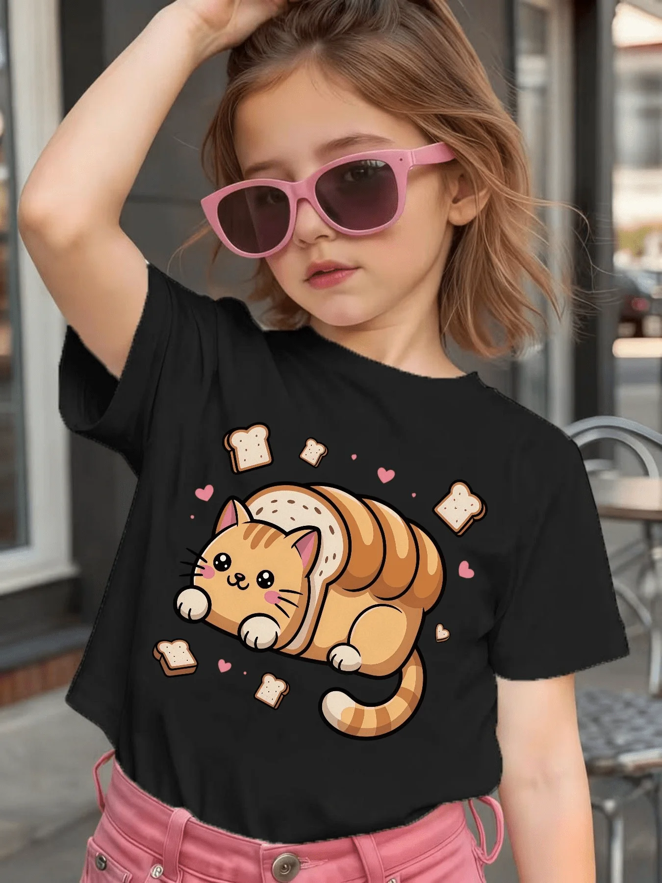 Bread Shaped Cat Toast Heart Print Kids T Shirt Cotton Short Sleeve Boys Girls Parent Child Lovely Summer Daily Casual Tees