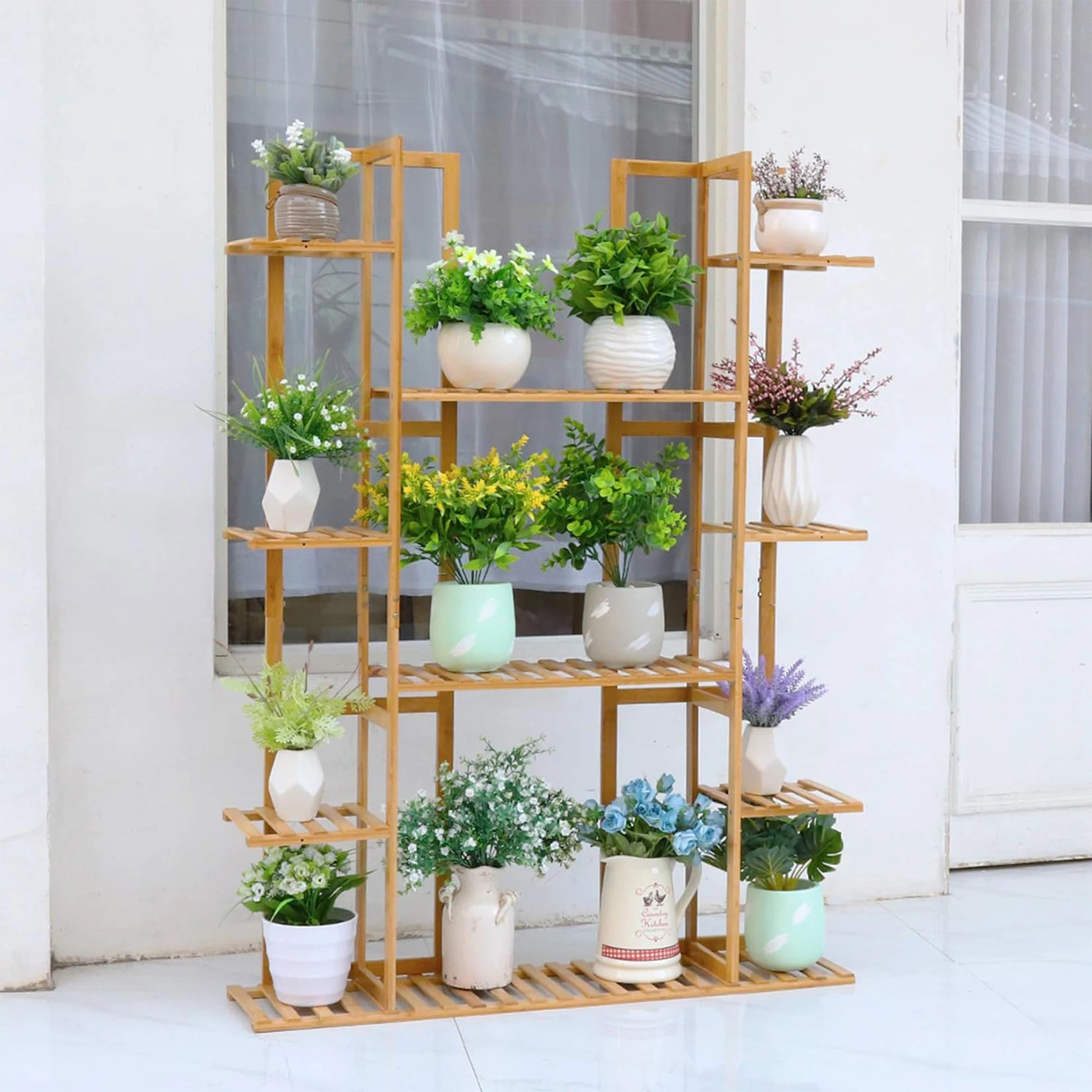 &Eco-Friendly Five-Tier Elevated Multi-Pot Potted Plant Display Stand With Bamboo Support Standing Type