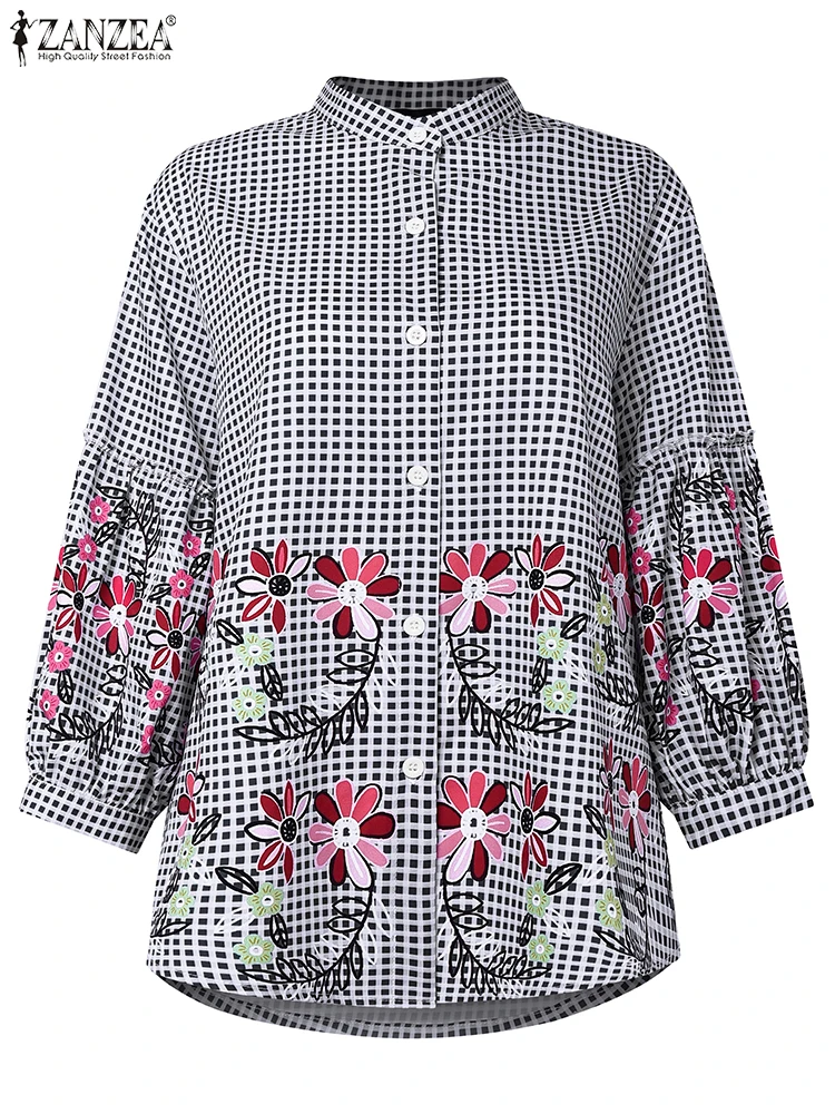 

ZANZEA 2025 Fashion Plaid Shirts Autumn Women Lantern Sleeve Floral Print Blouse Casual Vintage Tops Stand Collar Office Blusas
