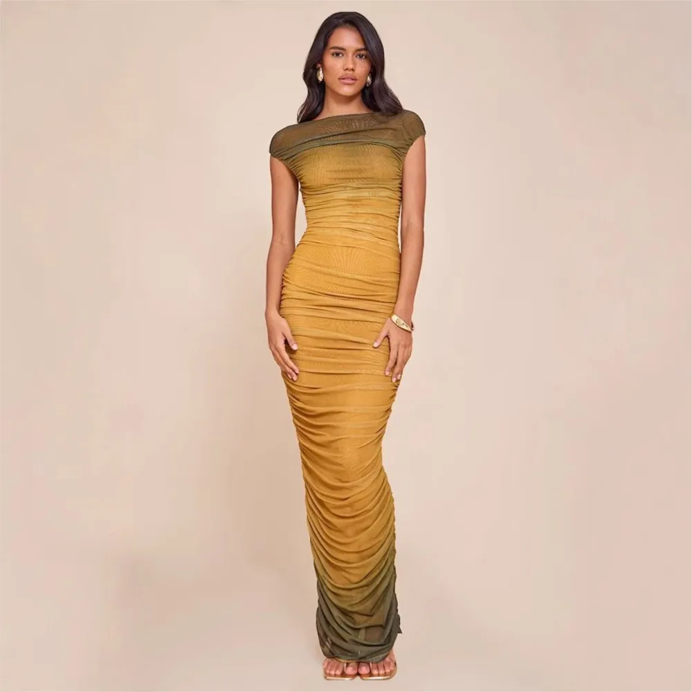 

Elegant Dress For Lady Dresses For Woman Party Wedding Evening Vestidos Temperament Slim Pleated Sleeveless Gradient Package Hip