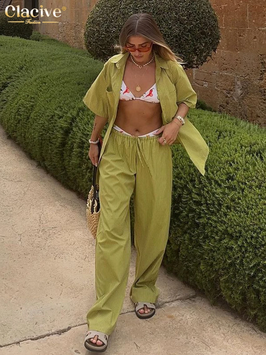 

Clacive Fashion Loose Stripe Print Trousers Set 2 Piece Woman Elegant Half Sleeve Shirt With High Waist Wide Pants Set Female
