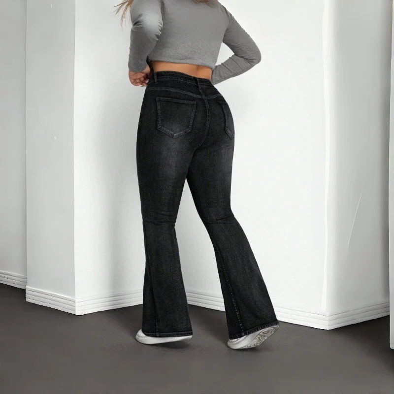 Y2k جينز نسائي أسود رمادي متوهج الدينيم السراويل خمر عالية الخصر تمتد Bootcut بنطلون موضة عصرية لباس غير رسمي #2