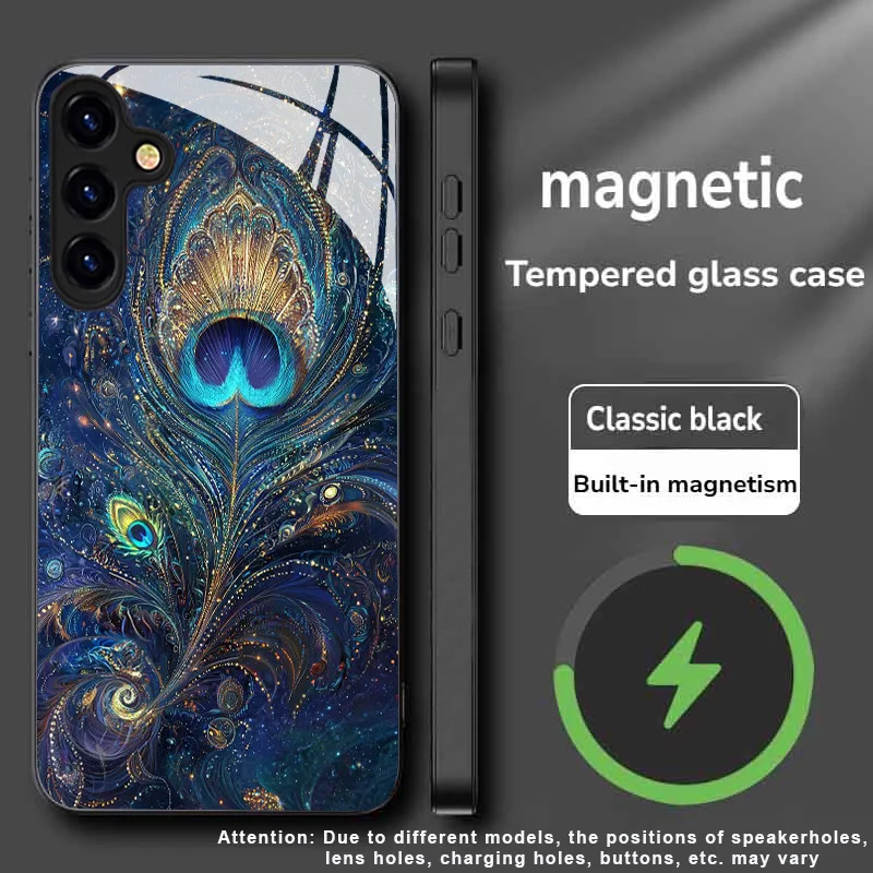 

Creative peacock feather pattern magnetic glass phone case, suitable for iPhone 17/16/15/14/13/12/Plus/Pro/Pro Max/17Air