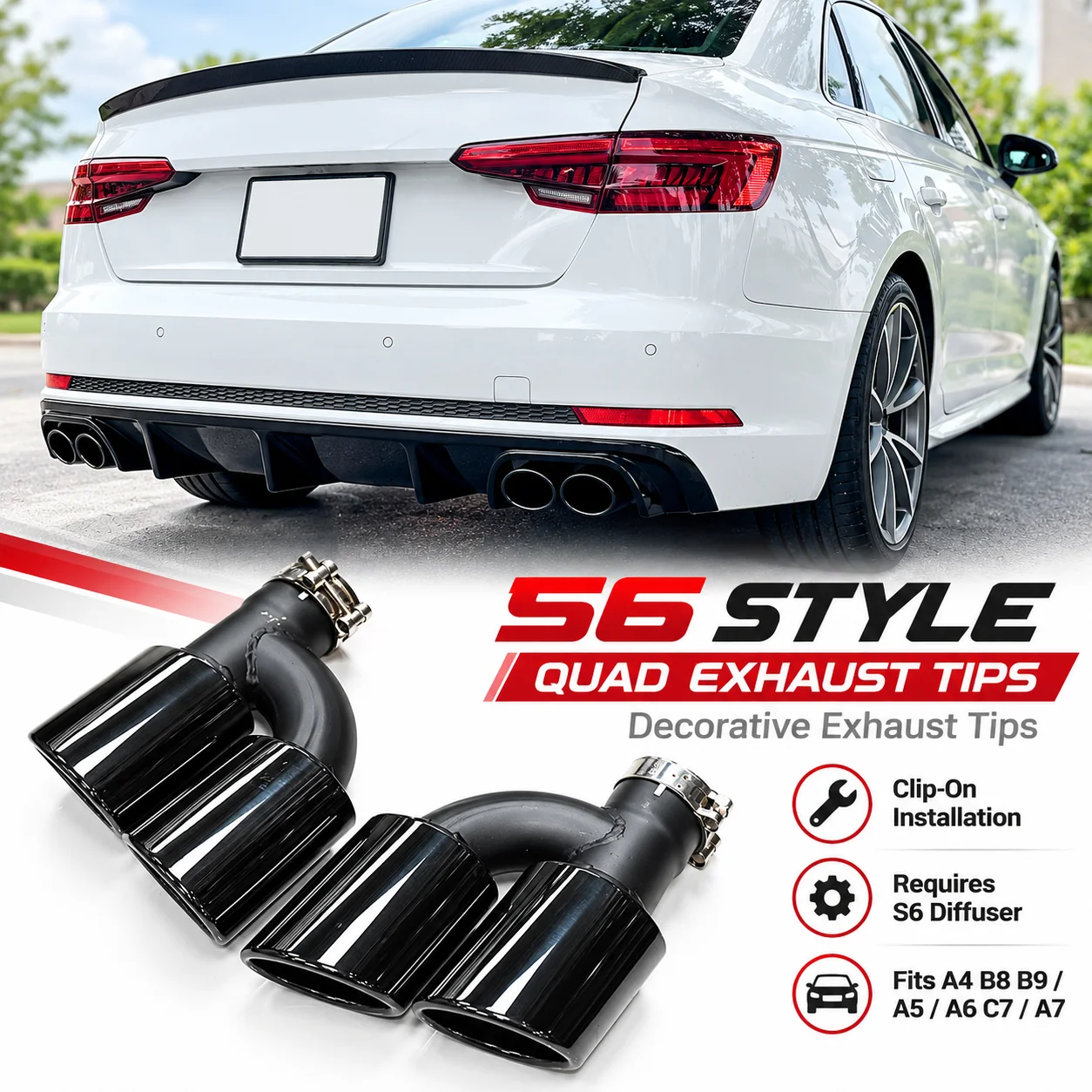 2pcs Quad Exhaust Tips For Audi A4 B8 B9 A5 A6 C7 C8 A7 Upgrade S4 S5 S6 Style Stainless Steel Muffler Tailpipe 58mm Inlet