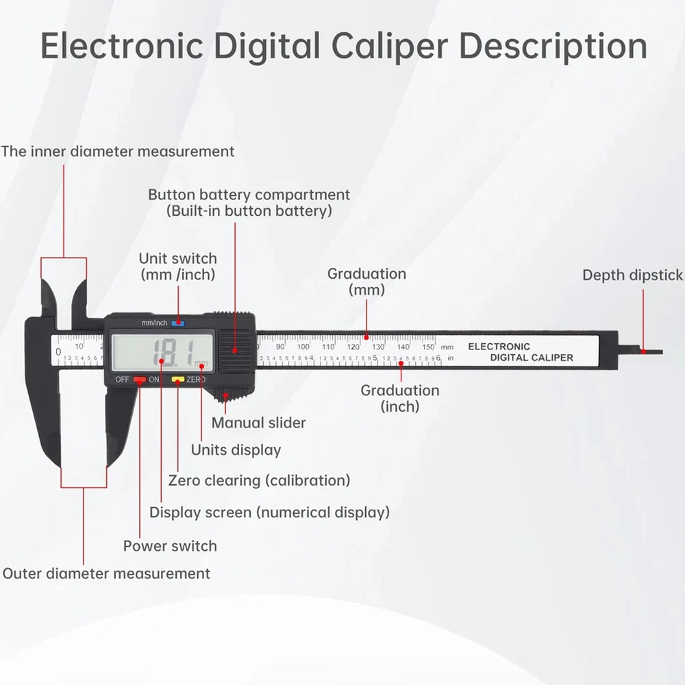 Elektronischer Schiebemesser, Schiebemesser aus Kohlefaser, Mikrometer, Digitale Waage. Die Batterie ist nicht im Lieferumfang enthalten. 0-150mm – Detail 9