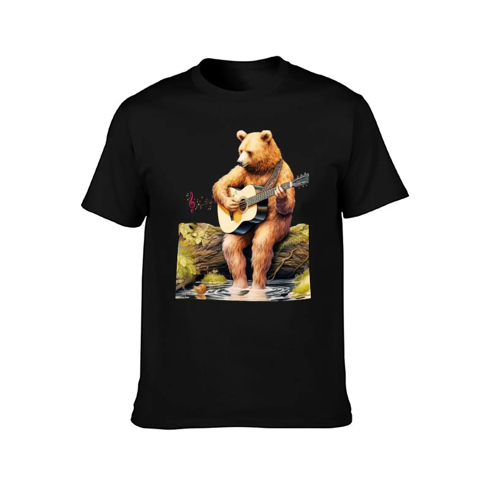 Bear Playing On Guitar T-Shirt Modern Print Casual T-Shirt