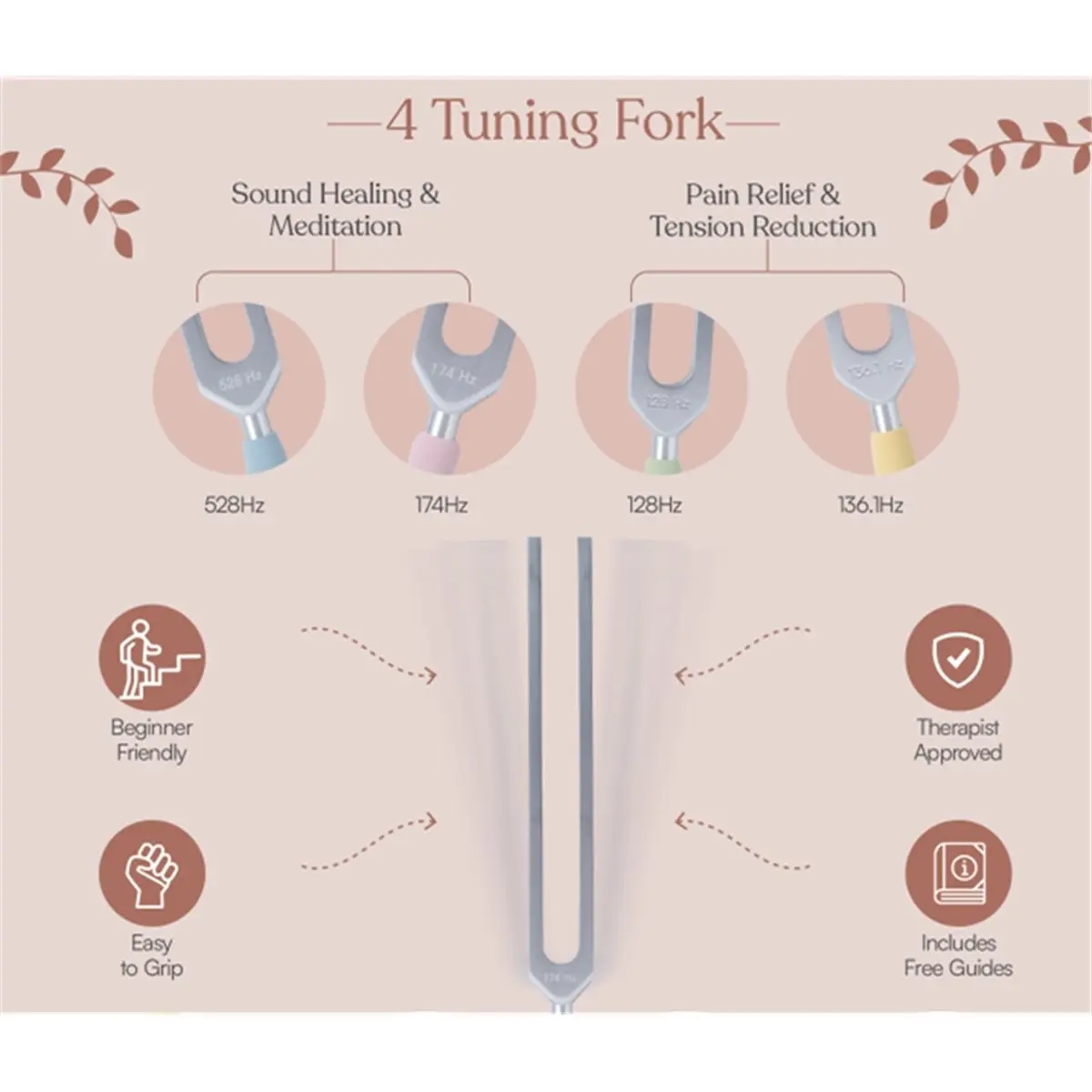 Tuning Forks for Healing Set, Including Four Frequency 128Hz, 136.1Hz, 174Hz, 528Hz Yoga and Meditation Accessories