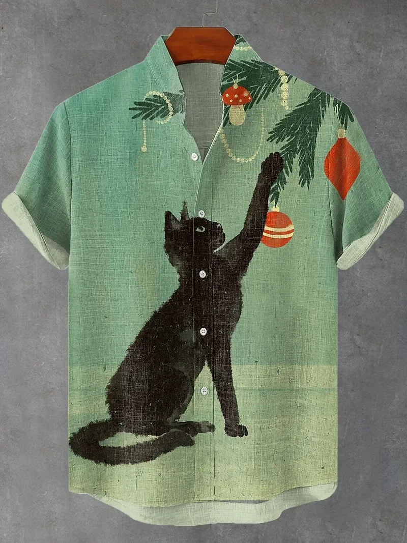 Summer Men\'s Retro Cartoon Anime Cat Theme Short Sleeve Shirt Short Sleeve Tops Fashion Casual Vacation Streetwear Men\'s Shirt