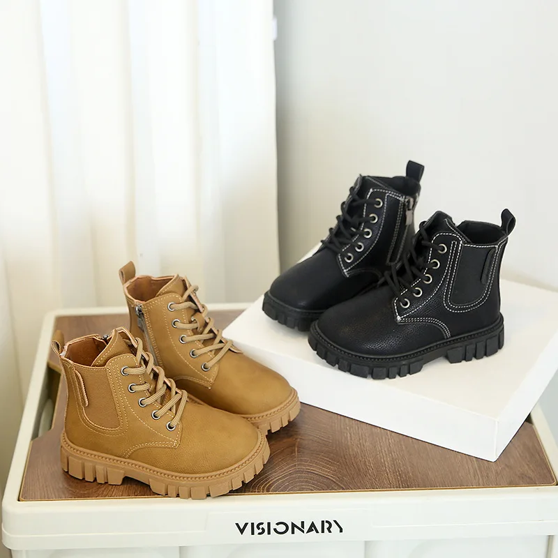 New Children's Fashion Boots Autumn Winter Boys Girls' Anti Slip Warm Leather Boots Side Zipper Solid Color Kids Casual Shoes