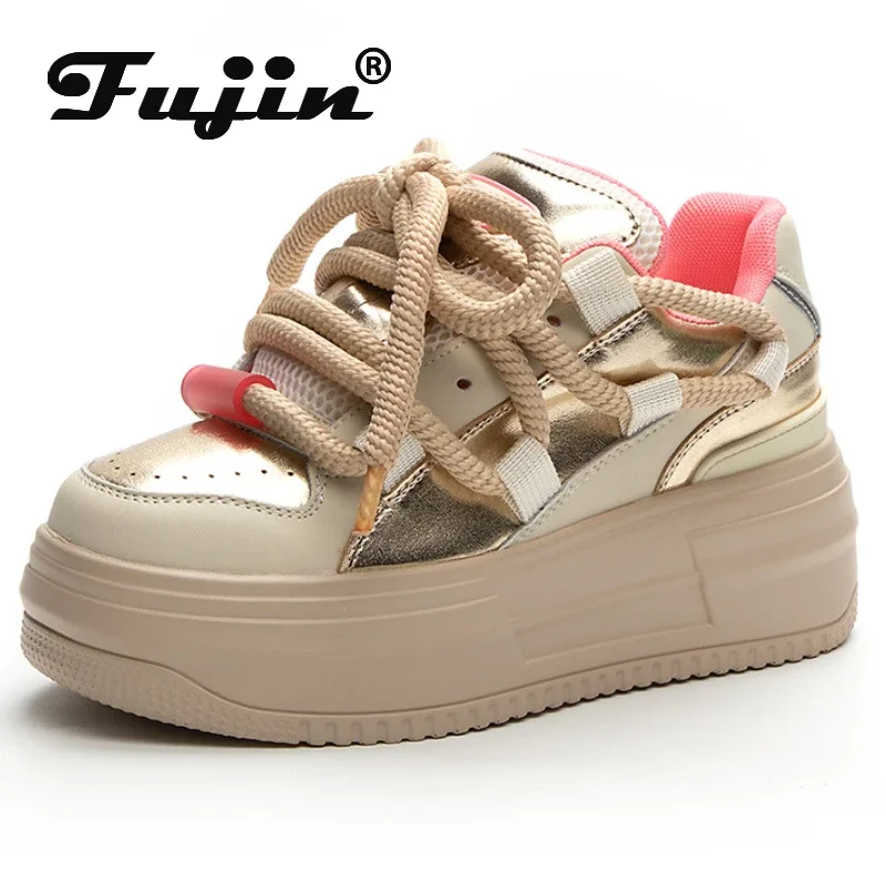 

Fujin 7cm Patent Genuine Leather Air Mesh Synthetic Platform Chunky Heels Females Sneakers Autumn Pump Ankle Boots Women Fashion