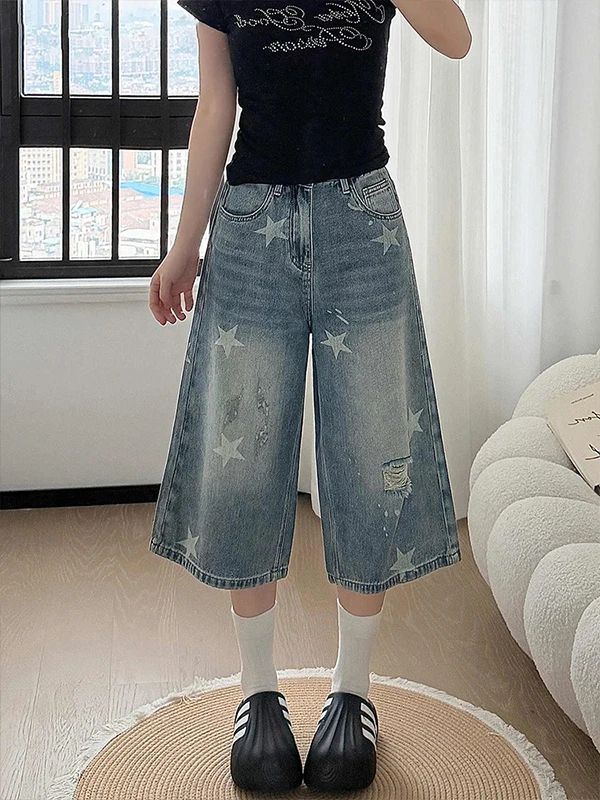 

American Style Star Hole Seven-Foot Jeans Women Summer New Large Size Loose Slimming Wide Leg Denim Pants Casual High Waist