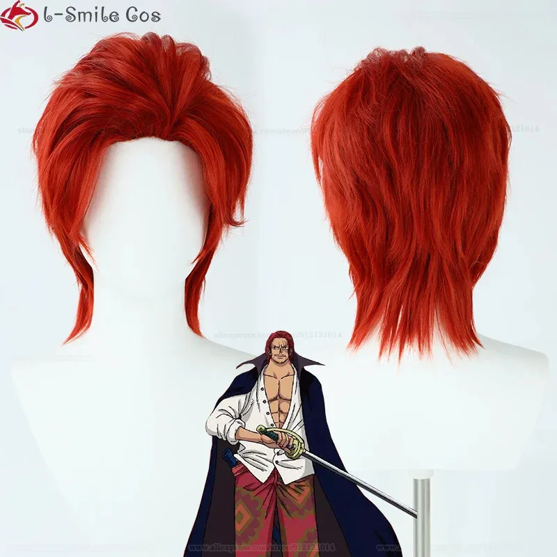 qq38Anime Short Red Men Cosplay Shanks Heat Resistant Syntheti Hair Halloween Party Wigs + Wig Cap