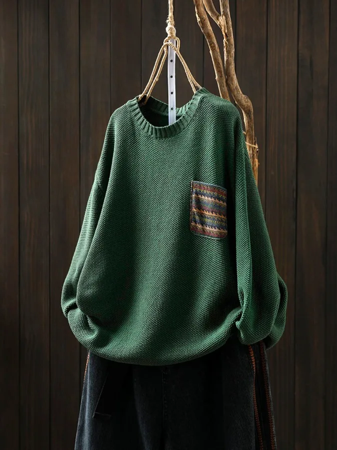 Maglione lavorato a maglia patchwork floreale casual da donna sciolto di grandi dimensioni autunno vintage lungo Sve rotondo Ne pullover filato di cotone