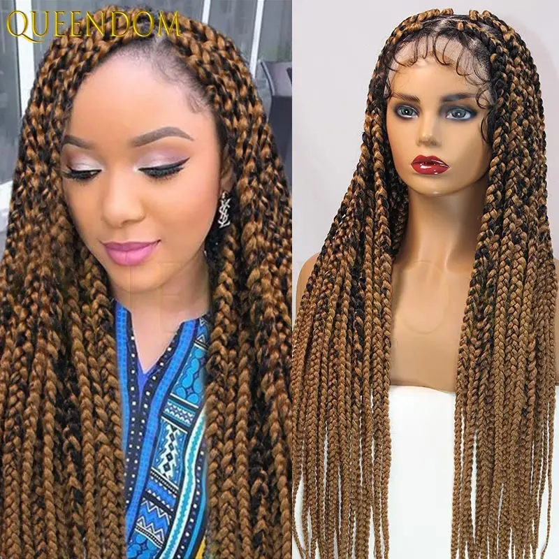 36 "الاصطناعية كامل الدانتيل شعر مستعار مضفر للنساء السود 1B27 صندوق جامبو الضفائر الدانتيل الباروكات كورنو Knotless صندوق جديلة شعر مستعار الأفريقي