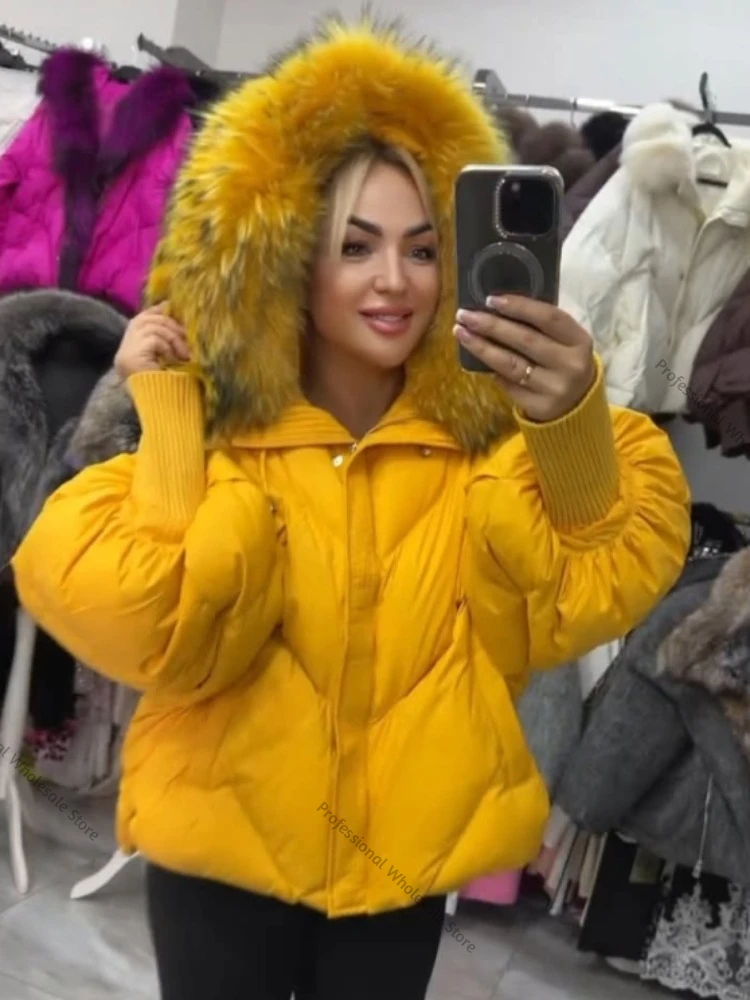 Puffer Jacket Women Winter Down Jacket Large Real Fur Hooded Thicken Warm Knitted Sleeve Real Fur Coat White Duck Down Mid Parka