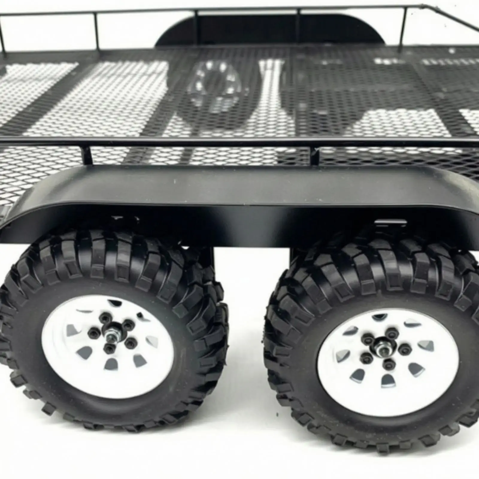 Double Axle Off Road Trailer for RC Crawler Car 1/8 1/10 Scale Metal Mesh Deck with Front Jack Scale Accessory
