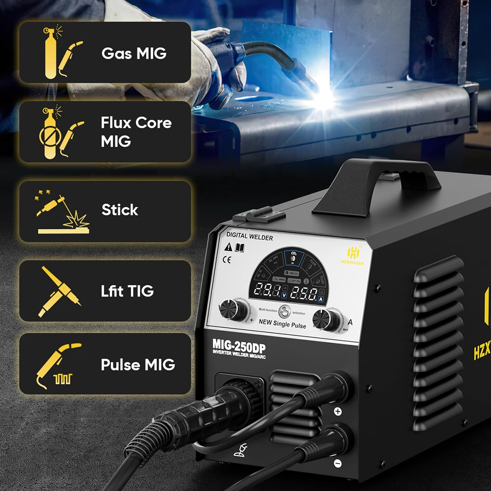 HZXVOGEN MIG250DP Aluminium-Schweißgerät 5-in-1: Elektrodenschweißen/Flussmittel-Schweißen/MIG-Gas-Schweißen/Lift-TIG/Einzelpuls IGBT-Inverter-Schweißgerät mit LED-Bildschirm, halbautomatischer