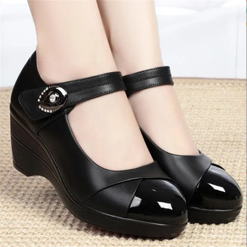 Soft Leather High Heels Luxury Chunky Heel Women Single Shoes Black Ankle Strap Work Office Ladies Shoes Pumps Comfort Mom Shoes