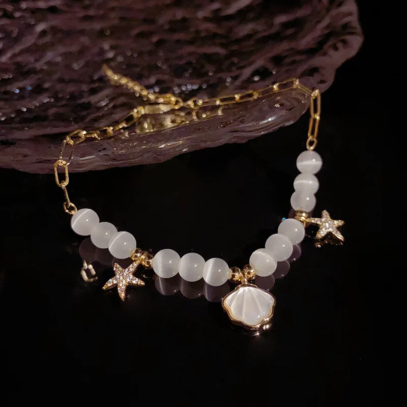 

Summer New Style Shell Starfish Charm White Cat's Eye Stones Gold Plated Women's Bracelets Vacation Party Fashion Jewelry Gifts