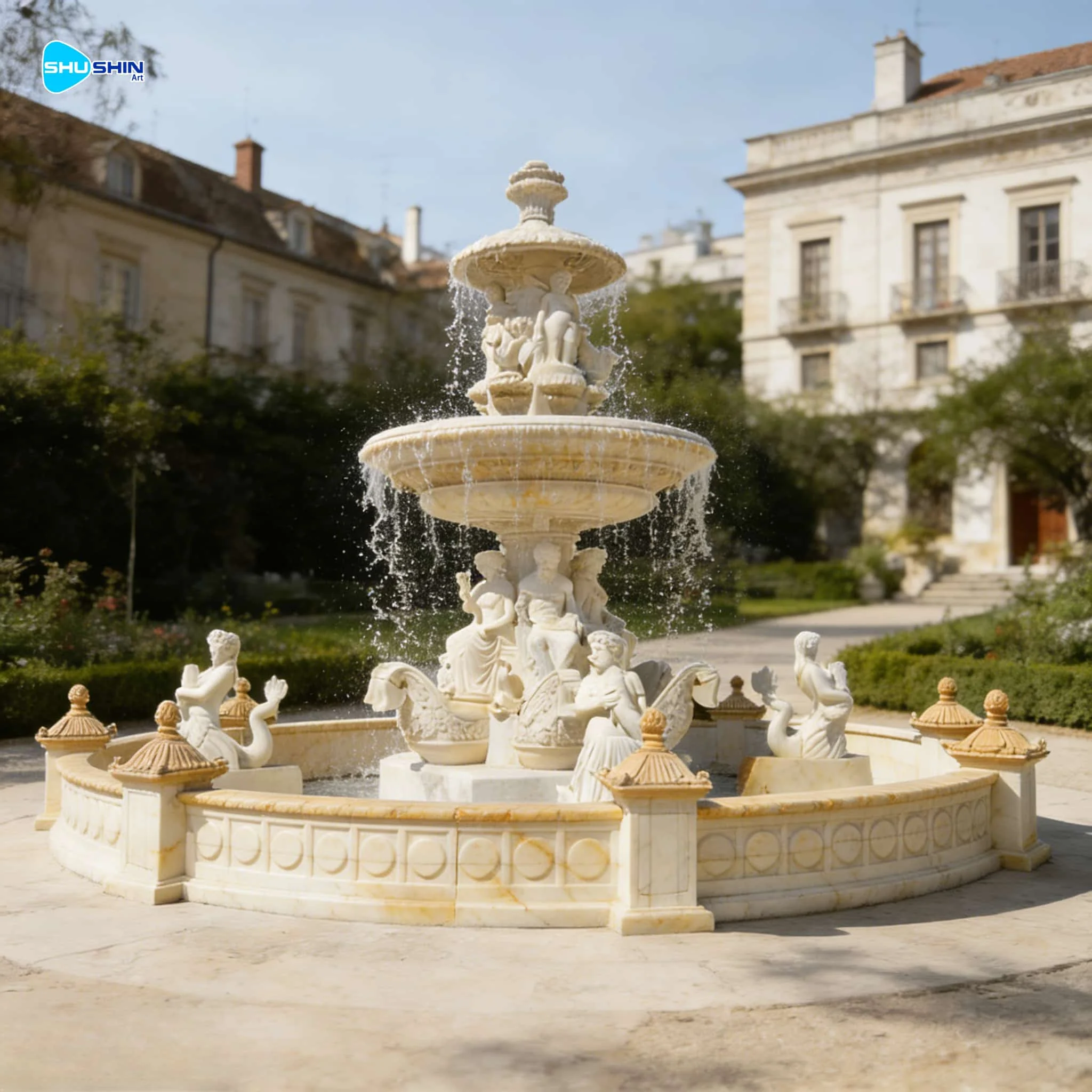Large Outdoor Garden Decoration European Style 3 Tiers Natural White Marble Water Fountains