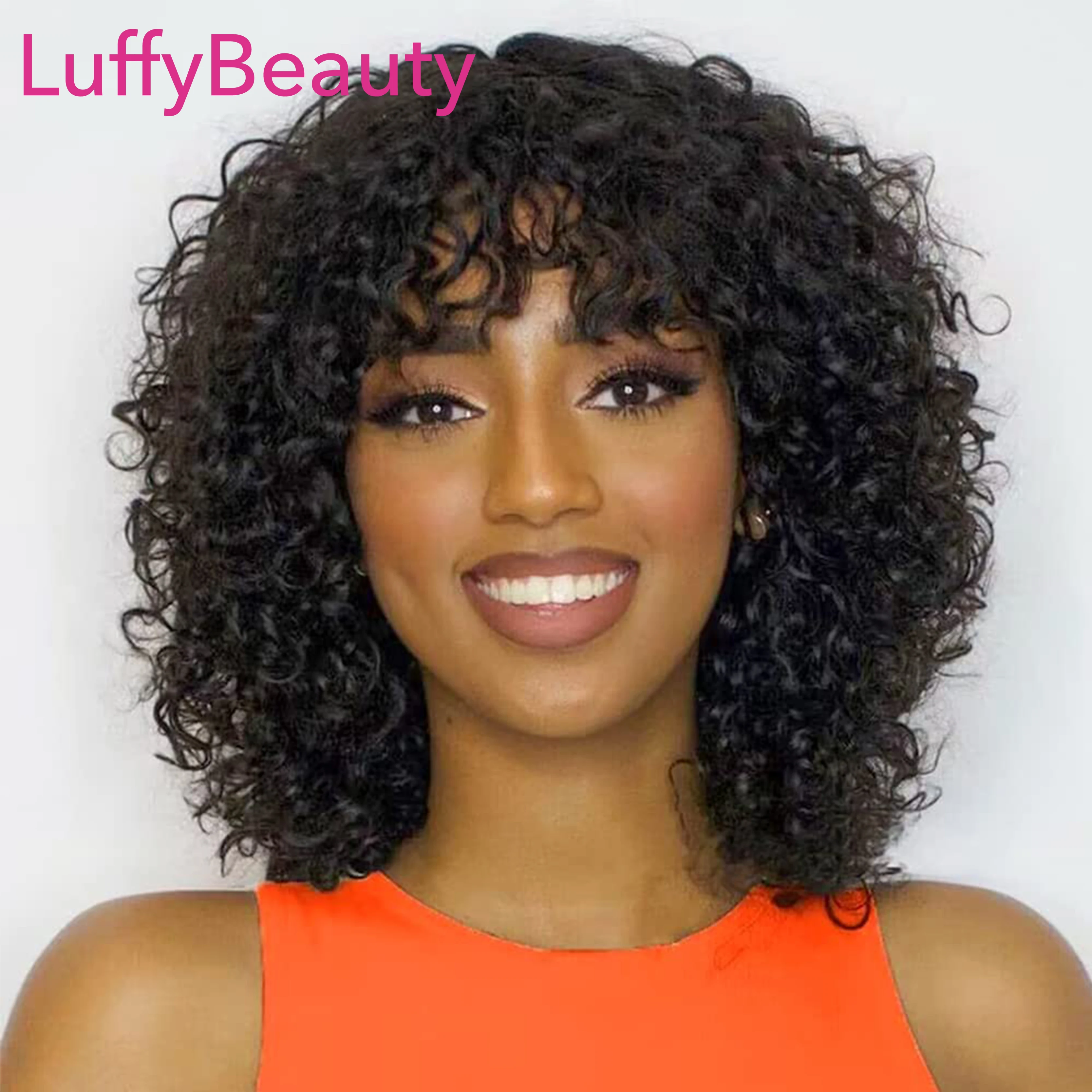 

Scalp Top Short Curly Bob Wig With Bangs Glueless Full Machine Made Wig Curly Bob Wig Brazilian Human Hair For Women