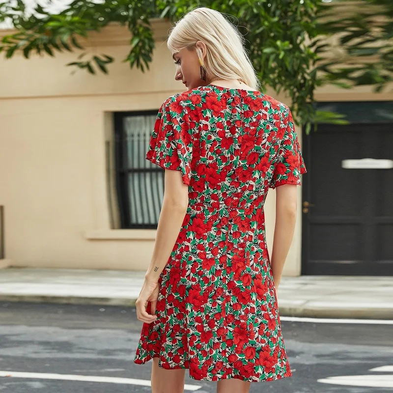 Summer Rose Printed Butterfly Sleeve Dress Women V-Neck Floral Short Sleeve Dress 2023 Indie Folk Casual Streetwear All-Match