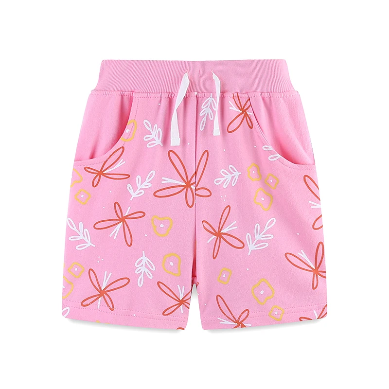 Single Piece Summer Girls Decorative Rope Shorts, Knitted Cotton Cute Cartoon Print Jogging Pants With Pockets 2-7Y