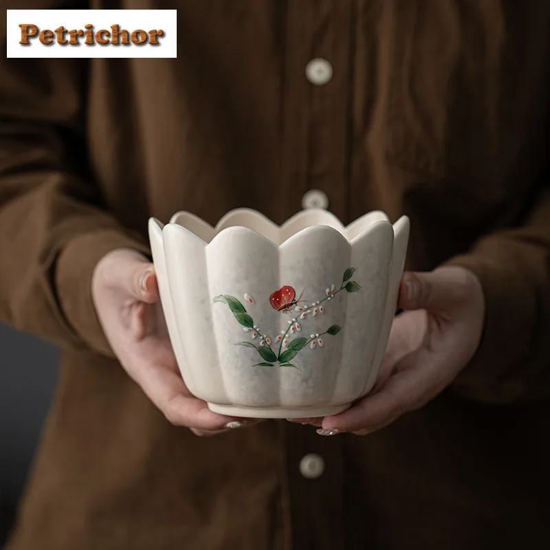 

800ml Hand Drawn Orchid Butterfly Lotus Petal Jianshui Tea Washing Basin Tea Garbage Can Tea Residue Barrel Chaxi Ornaments Gift