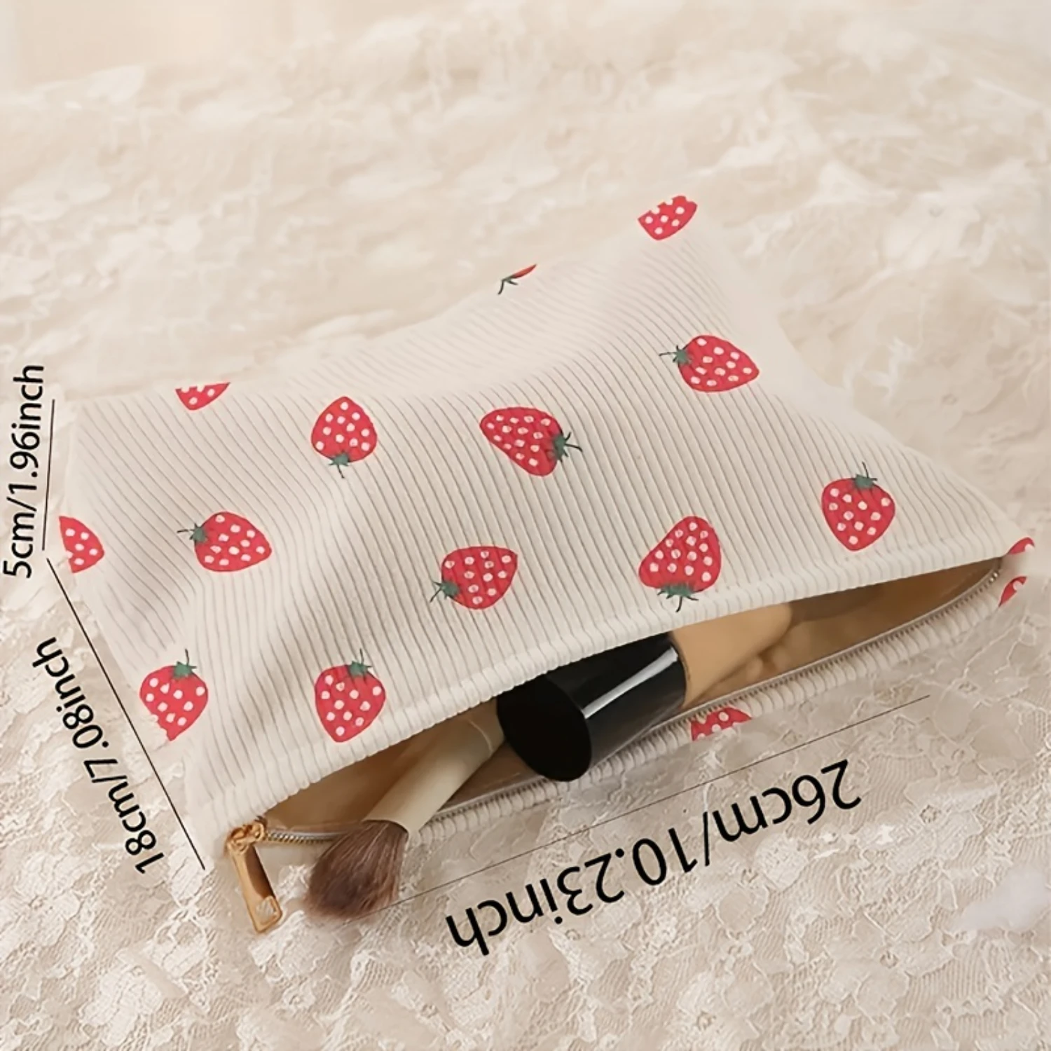 Strawberry Pattern Corduroy Makeup Bag - Lightweight, Water-Resistant, Unscented Cosmetic  with Zipper Closure - Perfect Birthda