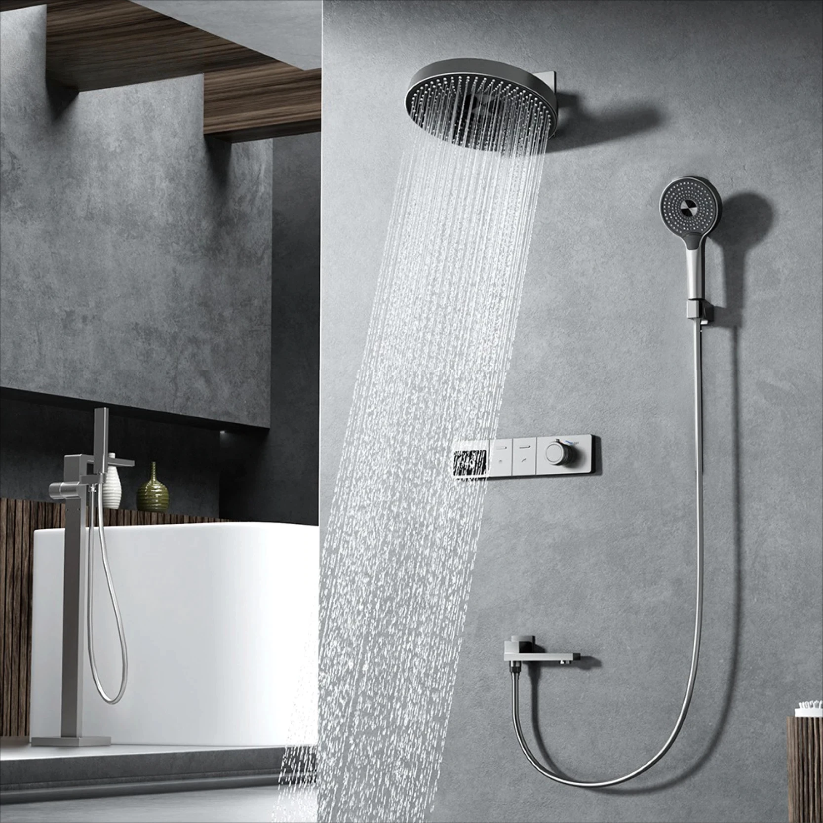 

Роскошная душевая система из серой латуни со светодиодным цифровым дисплеем и настенным дизайном, простой смеситель для горячей и холодной воды