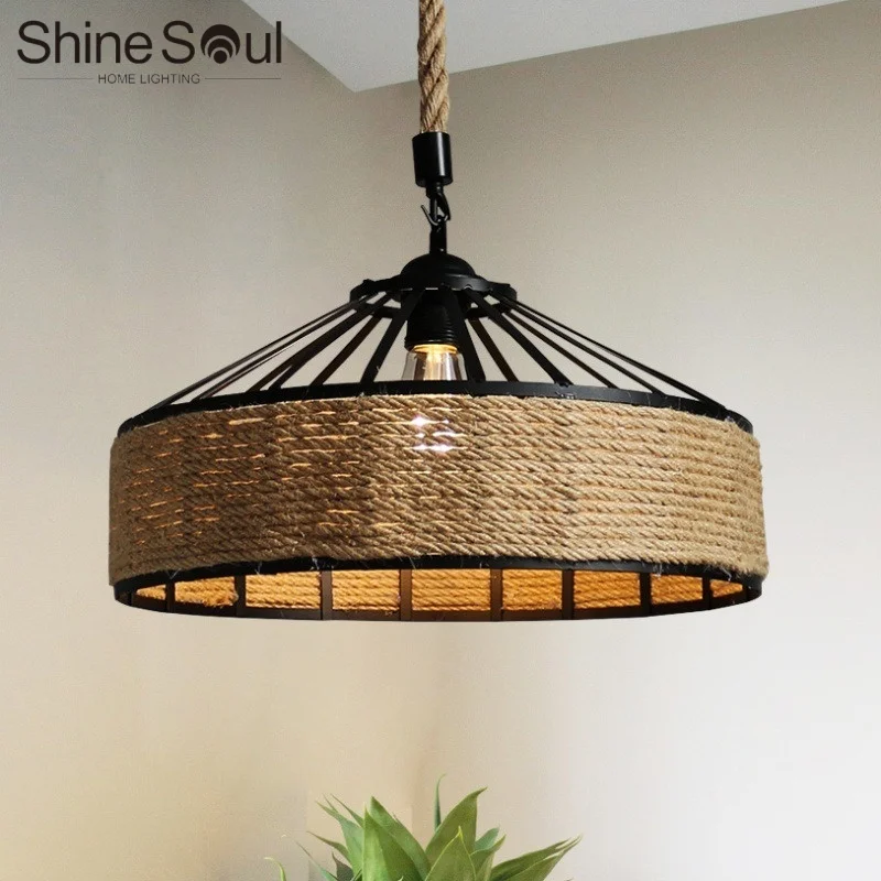 

Nordic Retro Pendant Light Classic Hemp Rope Industrial Iron Hanging Lamp Kitchen Bar Restaurant Decoration Ceiling Chandelier