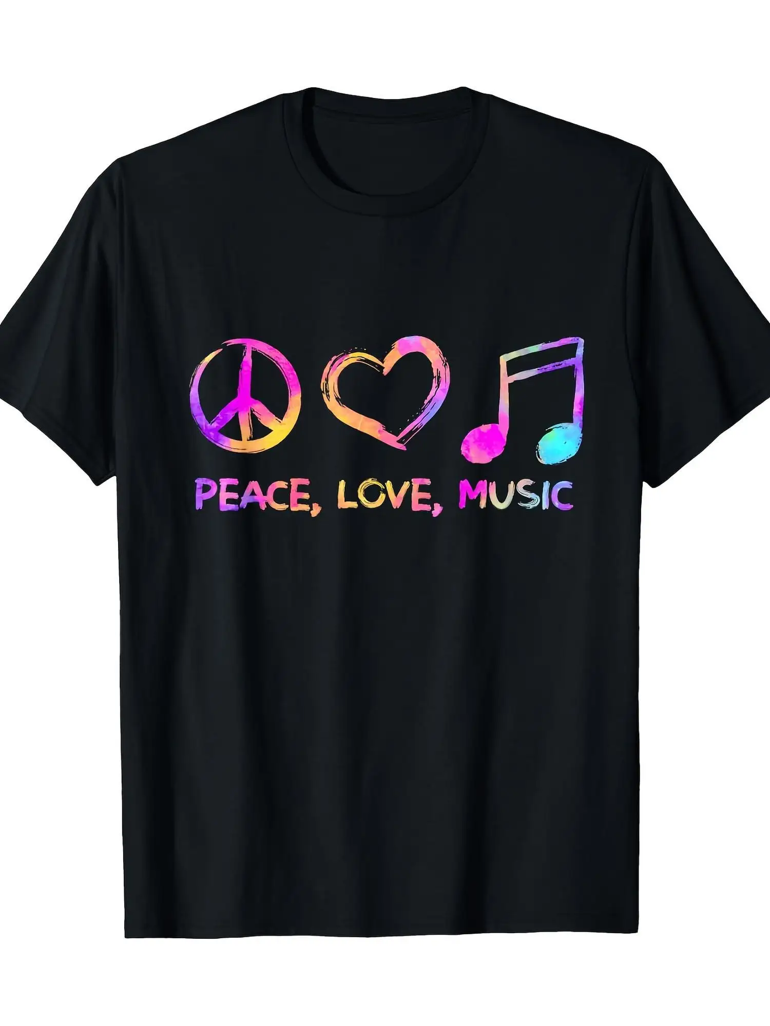 

Peace Love Music Hippie Graphic T-Shirt - 100% Cotton 180gsm Black Tee with Vibrant Tie-Dye Design for Men & Women