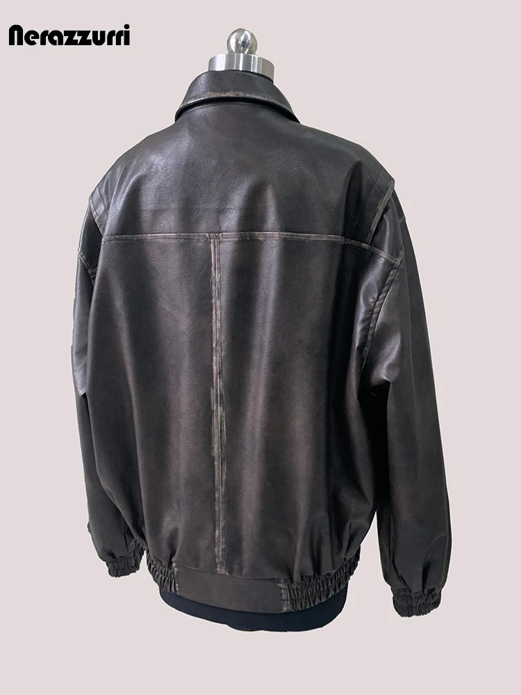

Nerazzurri Autumn Distressed Brown Faux Leather Jacket Men Three-dimensional Pockets Loose Luxury Designer Unisex Clothes 2025