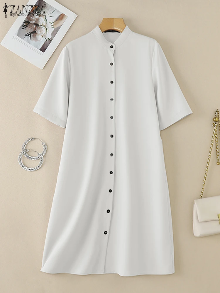 ZANZEA 2025 Summer Dress Women Fashion Shirt Dress Elegant Short Sleeve Solid Work Sundress Vestidos Casual Buttons Midi Robe