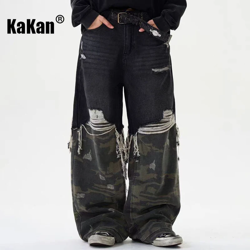 Kakan - New Men's Splicing Camouflage Jeans, y2k Men's Pants High Street Niche Wash Loose Wide Leg Long Jeans  man brand