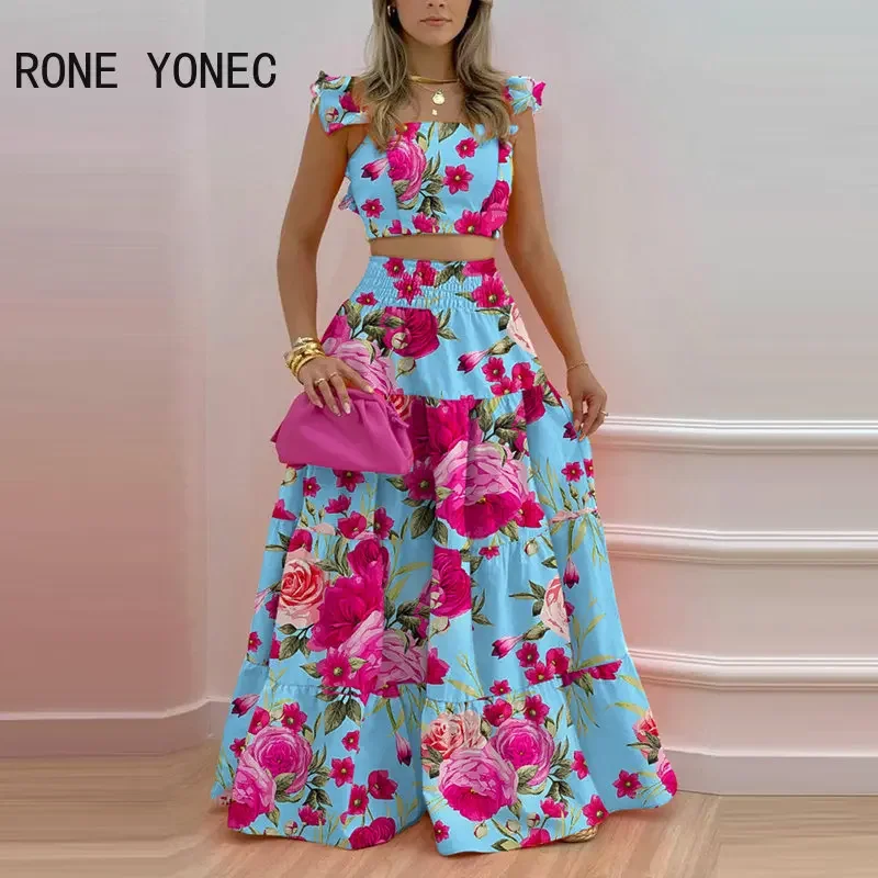 Women Chic Allover Print with Floral Print Flying Sleeves Crop Top Maxi Skirt Elastic Waist Folds Tiered Skirt Sets