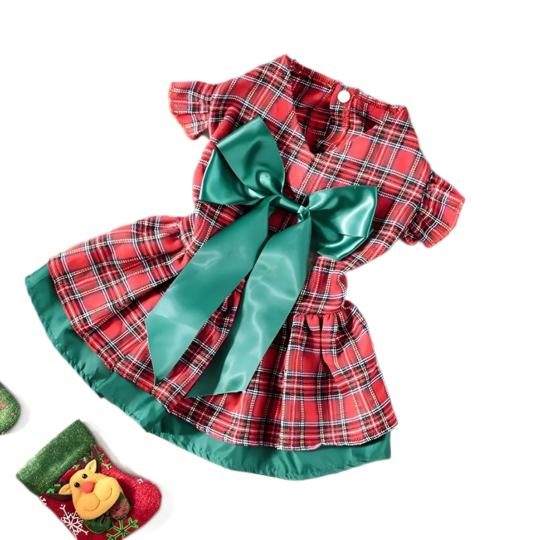 Christmas Dog Clothes Classic Checkered Long Skirt Bow Christmas Party Dress Up Pet Clothing Dog Dresses for Small Dogs