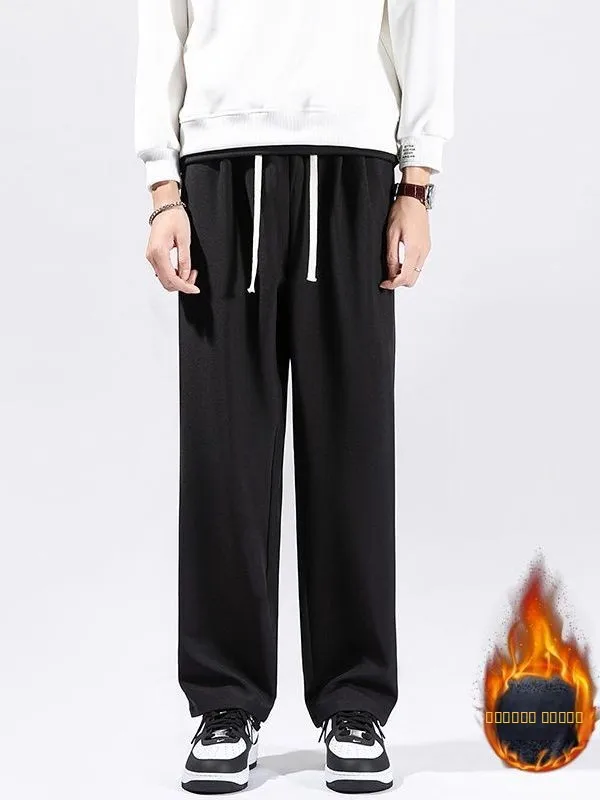 

Men's Fce Lined Straight Leg Pants Winter Thiened Casual Loose Fit Elastic Waist Corduroy Wide Leg Long Trousers