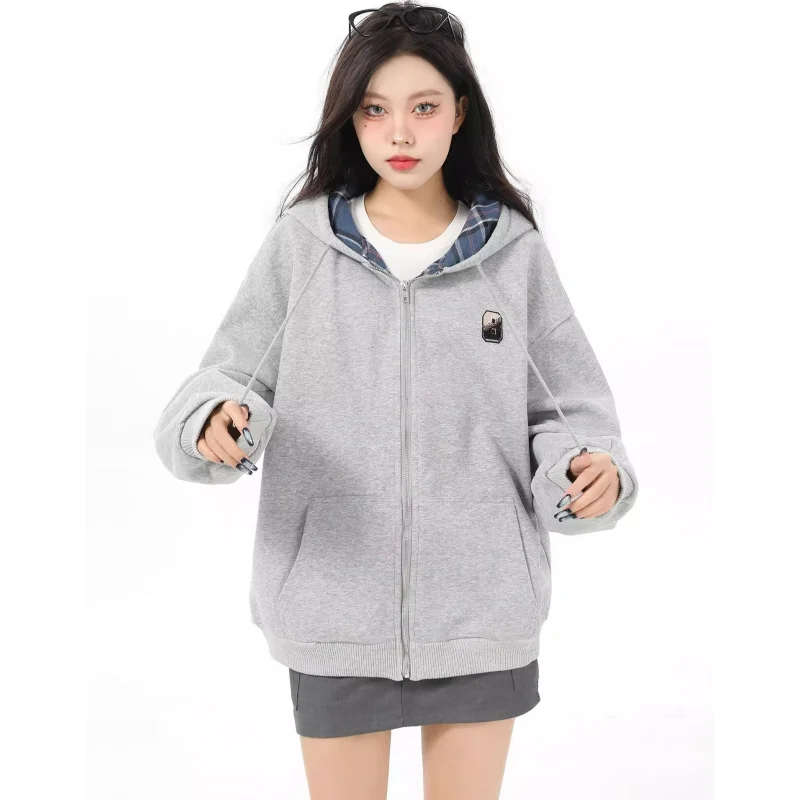 

Y2K Spring Grey Women Clothing Korean Fashion Baggy Hooded Jacket Streetwear Embroidery 2024 NEW Brown Long Sleeves Plush Tops