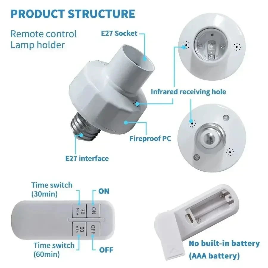 Wireless Remote Control Lamp Holder Timer Switch LED Light Bulb Socket E27 Long Distance 110V 220V for Downlight Pendant