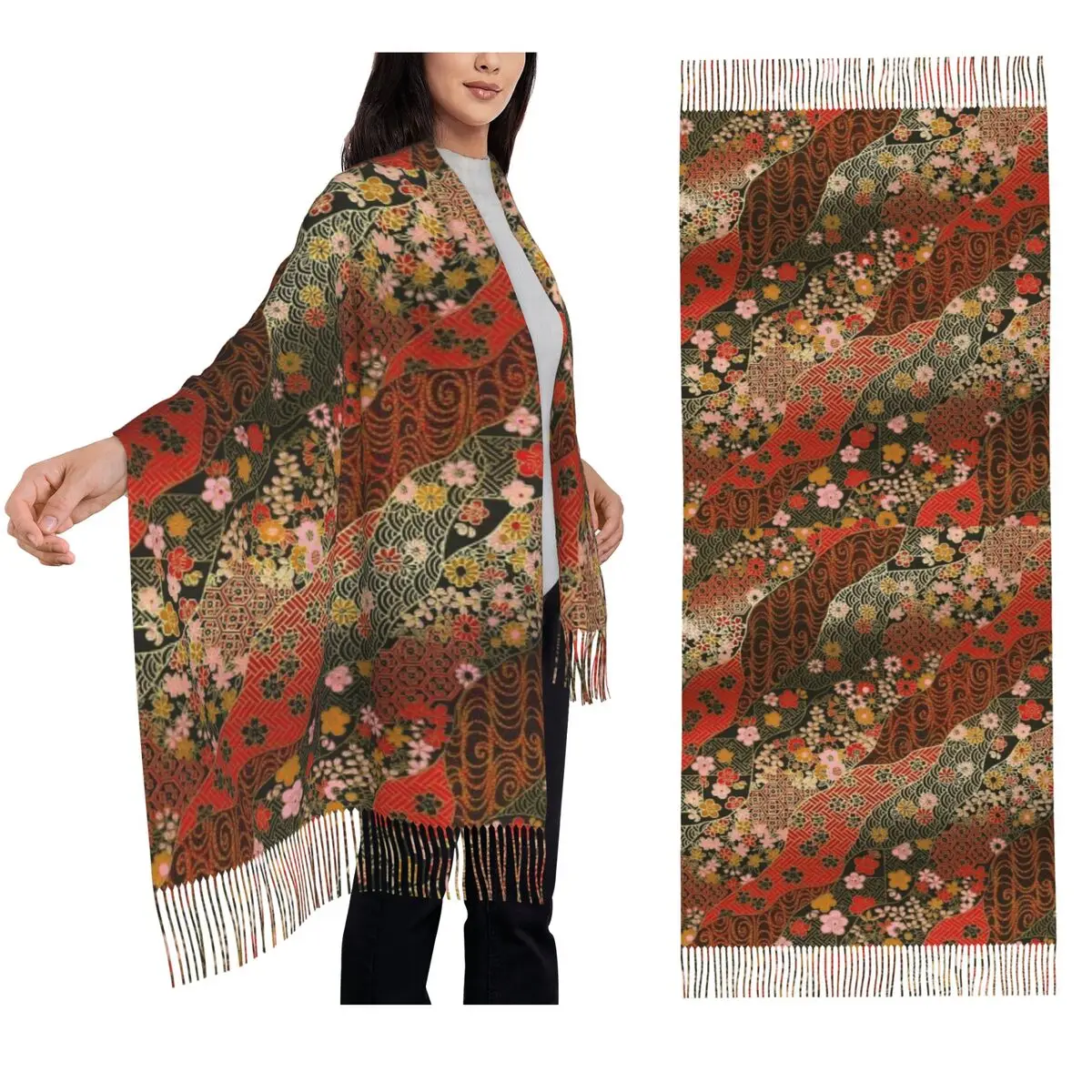 Japonês quimono padrão cachecol borla cachecóis feminino macio quente xales e envoltórios grande outono inverno xale envoltório