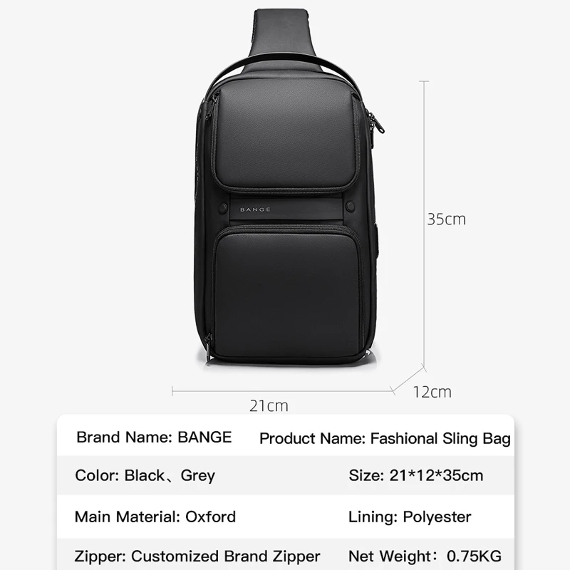 BANGE New Large-capacity Multi-function Men\'s USB Charging Oxford Messenger Bag Waterproof Travel Daily Men\'s Business Chest Bag