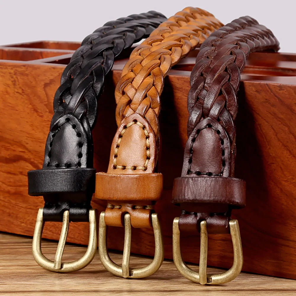 Braided Belt for Women Ladies Pure Color Genuine Leather Alloy Metal Buckle Adjustable Belt for Jeans Dress Accessories Gifts